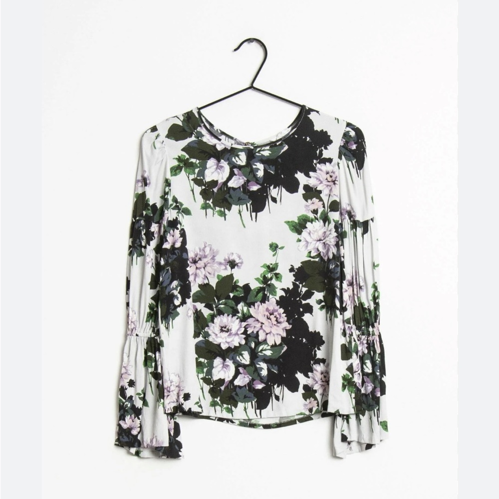• Club Monaco • Women’s Bell Long Sleeve Blouse Floral Gray / Black / Purple XS